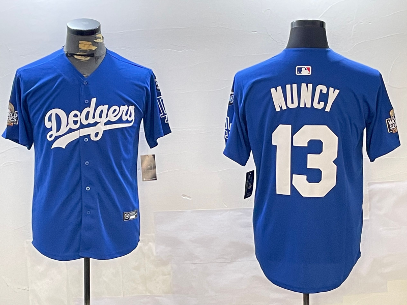 Men Los Angeles Dodgers 13 Muncy 2024 World series patch blue jersey 20241120125
